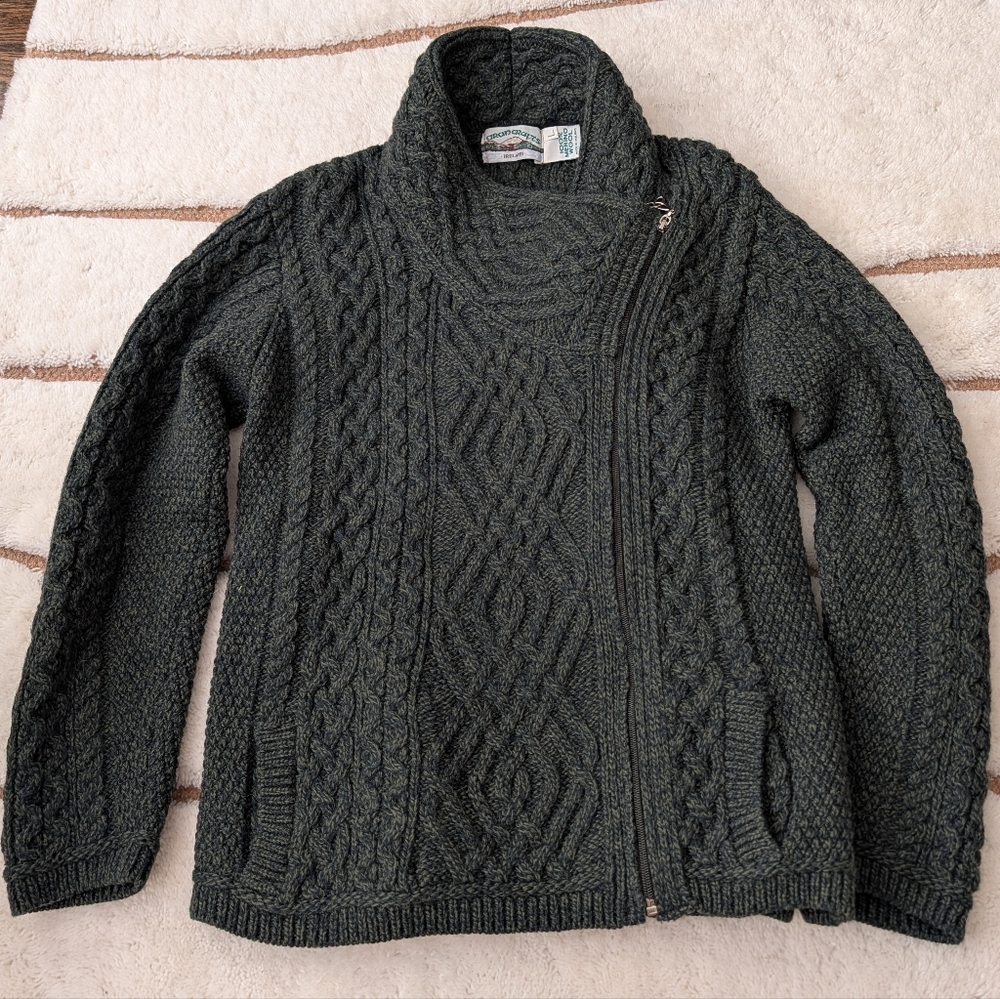 Aran Crafts Army Green Cowl Neck 100% Merino Wool Sweater in Army Green - Large